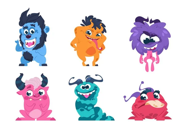 Monstruos de dibujos animados. Trolls divertidos y aterradores fantasmas duendes y extraterrestres con caras lindas, lindos personajes aislados. Conjunto de vectores — Vector de stock