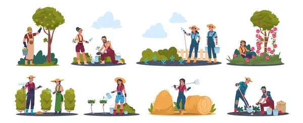 Travaux agricoles. Personnages de dessinateurs de dessins animés travaillant dans les champs, récoltant des cultures et des fruits. Ensemble de scènes de travail familial rustique vectoriel — Image vectorielle