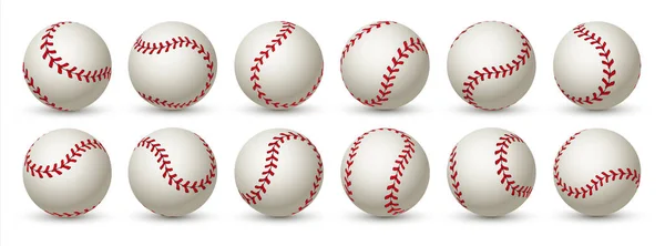 Pelota de béisbol realista. Softbol de cuero 3D diseño de mockup bola blanca con encaje rojo. Plantilla gráfica aislada vectorial — Vector de stock