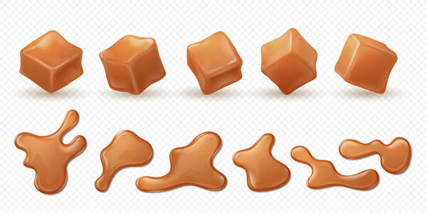 Realistic caramel. 3D milk toffee splash, drips and drops isolated confectionery, sweet candy sauce. Vector caramel flow set