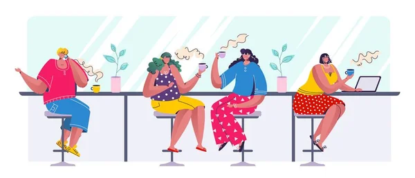 Les gens boivent du café. Personnages de bande dessinée à la mode assis en rangée boire parler et travailler à l'ordinateur portable. Scène de café vectoriel — Image vectorielle