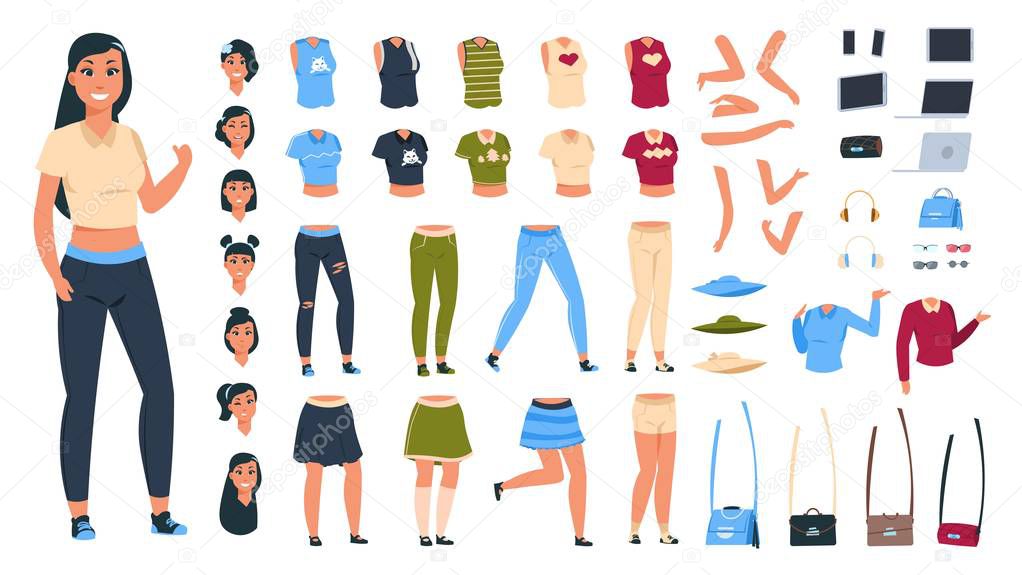 Cartoon character constructor. Woman animation set with body parts collection and different clothes and poses. Vector elements