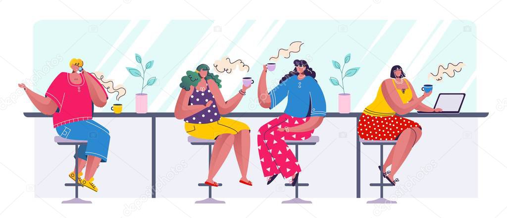 People drinking coffee. Cartoon trendy characters sitting in row drinking speaking and working at laptop. Vector coffee shop scene