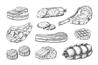 Et lifti. Kasaplık ürünleri, domuz jambonpastırmakuzu kaburga ve beefsteak ile Vintage gıda kroki. Vektör el çizilmiş ızgara menüsü