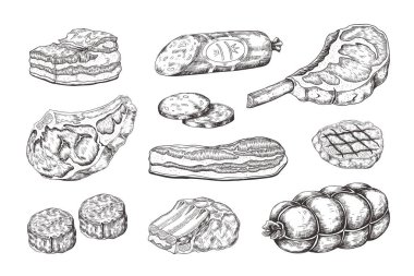Meat steak. Vintage food sketch with butchery products, pork ham bacon lamb ribs and beefsteak. Vector hand drawn grill menu clipart