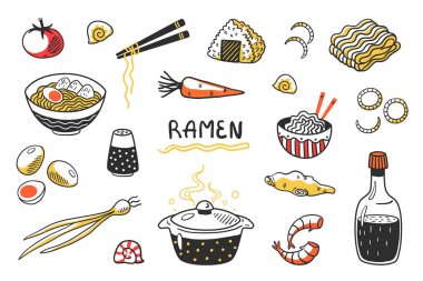 Doodle Ramen. Gıda çubukları kase ve malzemelerle Çin el çizilmiş şehriye çorbası. Vektör Asya gıda kroki seti