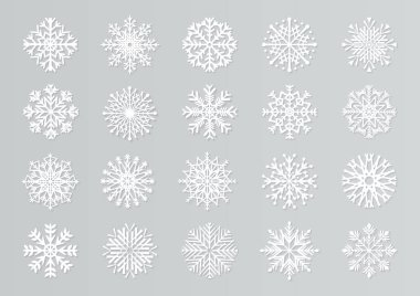 Paper cut snowflakes. White 3D Christmas design templates for decoration and greeting cards. Vector isolated paper snow set clipart