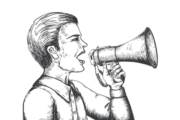 Megaphone vázlat. Kézzel rajzolt hangszóró gravírozás illusztráció, Bullhorn bejelentés fogalmát. Vektoros Hírek és hirdetések — Stock Vector