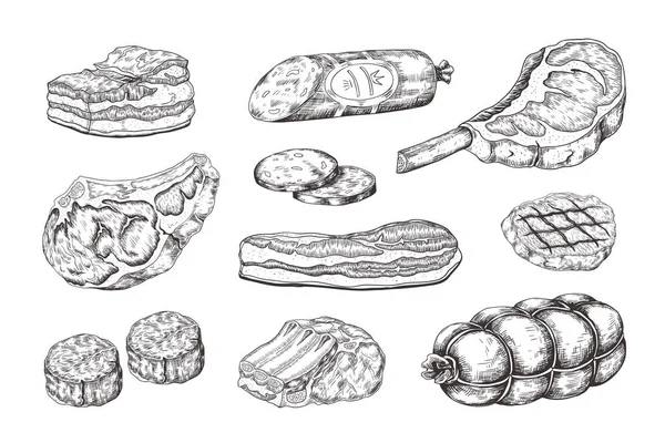 고기 스테이크. 도살장 제품, 돼지 고기 햄 베이컨 양갈비와 쇠고기 스테이크와 빈티지 음식 스케치. 벡터 손으로 그린 그릴 메뉴 — 스톡 벡터