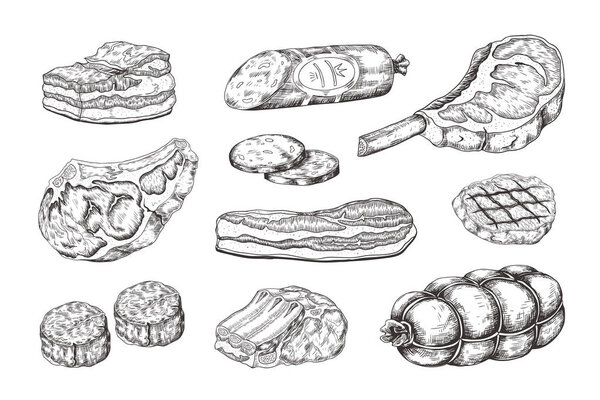 Meat steak. Vintage food sketch with butchery products, pork ham bacon lamb ribs and beefsteak. Vector hand drawn grill menu
