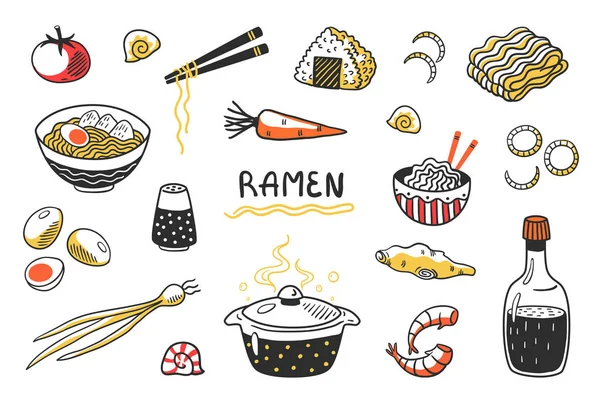 Doodle ramen. Chinese hand getekende noedelsoep met voedsel stokken kommen en ingrediënten. Vector Aziatische voedsel schets set — Stockvector