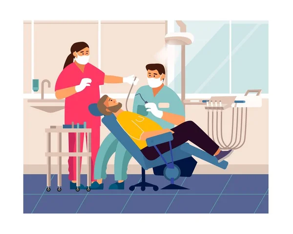 Проверка у дантиста. Пациент с карикатурой в кабинете врача лежит на стоматологическом стуле, зуб уход и осмотр концепции — стоковый вектор