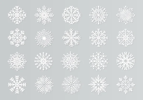 Papper skära snöflingor. Vit 3D Christmas design mallar för dekoration och gratulationskort. Vektor isolerat papper snöset — Stock vektor