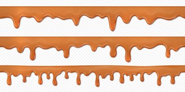 Seamless caramel drips. Realistic 3D toffee flows isolated on white background, melted milk chocolate horizontal splash. Vector set clipart