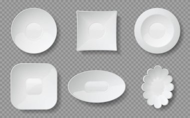 Gerçekçi yemek tabakları. Kafe ve restoranlar, seramik cam veya porselen bulaşıklar için beyaz boş tabak lar ve kaseler. Vektör mockup seti