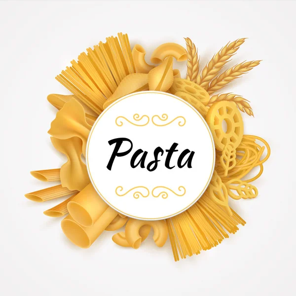 Pasta latar belakang. Masakan Italia yang realistis mengeringkan jenis makaroni, makanan gandum mentah dan produk tepung. Set pasta organik Vektor 3D terisolasi - Stok Vektor
