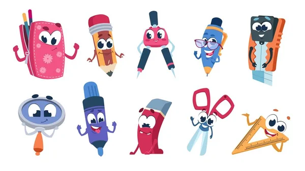 Des personnages de dessins animés scolaires. Mascottes de papeterie étudiante avec des visages souriants, collection de fournitures éducatives drôles. Ensemble vectoriel — Image vectorielle