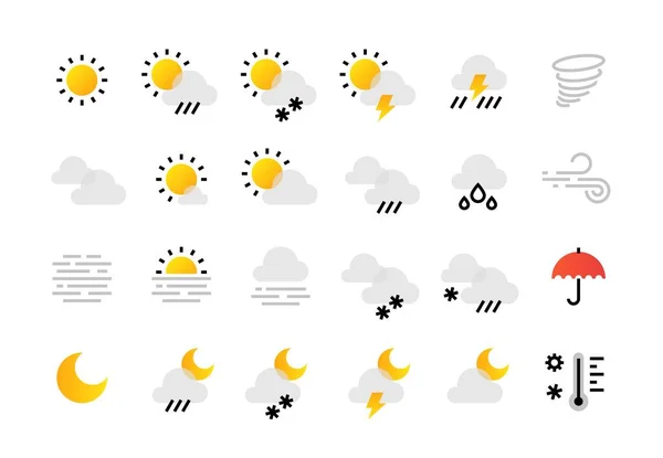 Icônes de ligne météo. Interface éléments infographiques avec contour nuages soleil pluie brouillard vent symboles. Vecteur plat jour et nuit météo — Image vectorielle