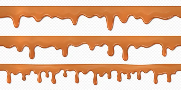 Gotas de caramelo sin costuras. El toffee 3D realista fluye aislado sobre fondo blanco, salpicadura horizontal de chocolate con leche derretida. Conjunto de vectores — Vector de stock