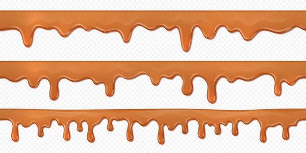 Seamless caramel drips. Realistic 3D toffee flows isolated on white background, melted milk chocolate horizontal splash. Vector set