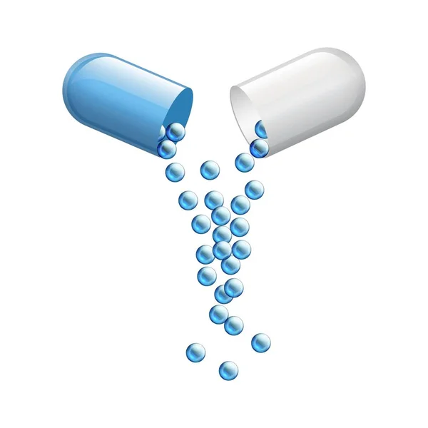 Realistik medis membuka pil kapsul. Antibiotik vitamin obat 3D untuk konsep meningkatkan kesehatan. Kapsul vektor untuk mengiklankan makanan layanan kesehatan - Stok Vektor