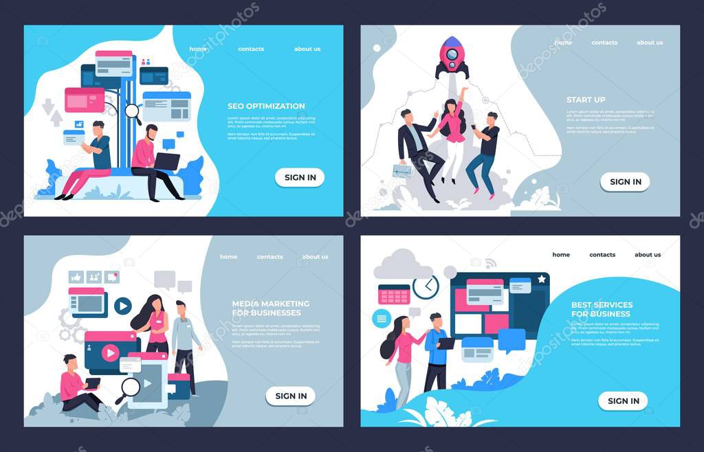 Marketing landing page. Modern SEO and online analytic concept, web sites and banners template with business characters. Vector set