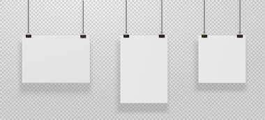 Gerçekçi yatay ve dikey posterler mockup. Duvardaki ciltlere asılı boş kağıt, halatlara kırpılmış boş A4 kağıt posteri. Vektör çizimi