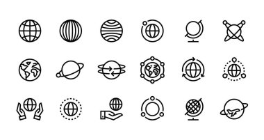 Globe line icons. World earth outline symbols for web interfaces, planet country map travel design template. Vector stroke set clipart