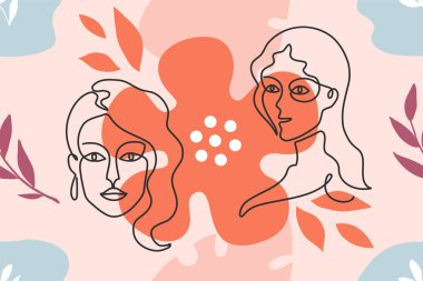 One line background. Modern minimal poster with women faces and abstract shapes. Vector trendy banner with girl face vector One line background. Modern minimal poster with women faces and abstract shapes. Vector trendy banner with girl face vector