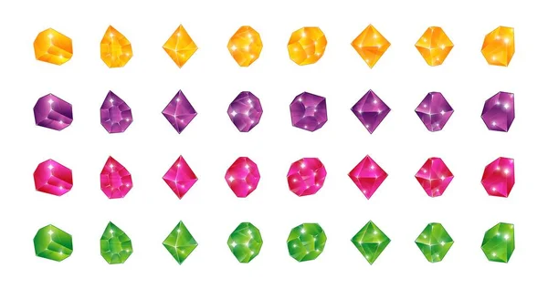 Gemas multicoloridas de desenhos animados. Gem amarelo verde azul pedras rosa. Vetor jóias diamantes topázio pedra esmeralda safira rubi isolado no fundo branco — Vetor de Stock