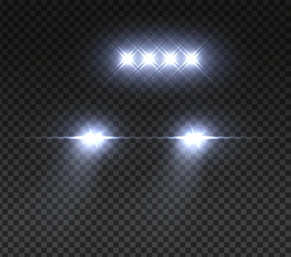 Reális Offroad autós fényszóró. Éjszakai közúti vezetett autós lámpa. Vektor fényhatás átlátszó háttér — Stock Vector