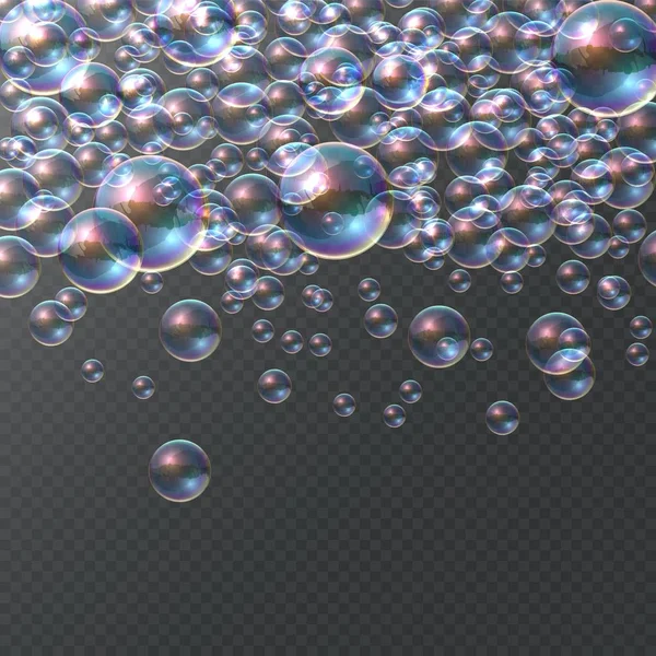 透明背景上的肥皂气泡。逼真的彩色3D泡泡，彩虹清香波落球。矢量插图 — 图库矢量图片