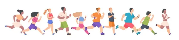 Maratón de personas. Diferentes hombres y mujeres corriendo y corriendo, actividad saludable de verano. Vector de dibujos animados personas haciendo ejercicios — Archivo Imágenes Vectoriales