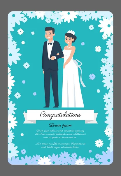 Cartão de noivo e noiva. Casal de desenhos animados, cartaz de convite com personagens felizes. Cerimônia de casamento vetorial cena plana —  Vetores de Stock