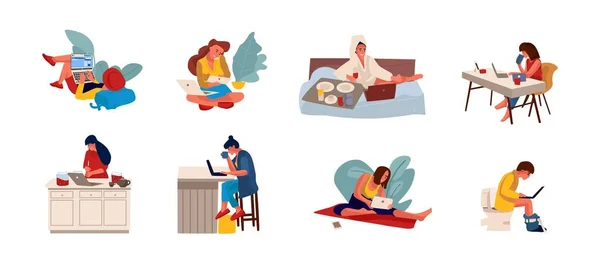 Les gens surfent sur Internet. Appartement personnes assises sur le canapé et tenant smartphone ou travaillant avec un ordinateur portable. Illustration vectorielle — Image vectorielle