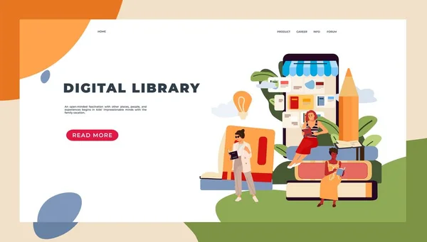 Leyendo landing page de gente. Personajes con concepto de libros, lectura de libros electrónicos y estudio en línea. Escuela vectorial y bandera universitaria — Vector de stock