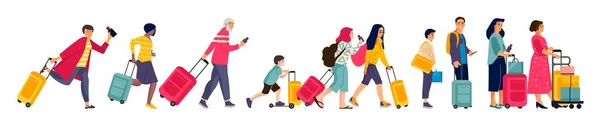 Reizigers groep. Toeristen in lijn bagage en koffers, mannen vrouwen en kinderen in de wachtrij van de luchthaven — Stockvector