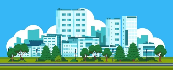 Cartoon panorama della città. Paesaggio del parco con strada urbana e case, paesaggio urbano con skyline di edifici per uffici. Scenario della città vettoriale — Vettoriale Stock