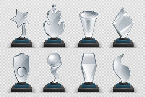 Glass Awards. Realistische transparante winnaar trofee, acryl Stars cups en competitie prijzen. Vector geïsoleerde beslagen Crystal Award — Stockvector