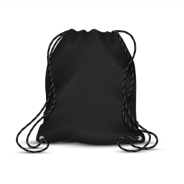 Realistyczna torba ze sznurkiem. Czarny Plecak sportowy szablon z liny, puste plecaki akcesoriów. Wektor izolowany szablon — Wektor stockowy