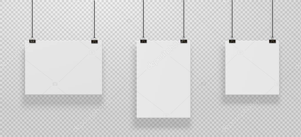 Realistic horizontal and vertical posters mockup. Blank paper hanging on binders at the wall, empty A4 paper poster clipped on ropes. Vector illustration