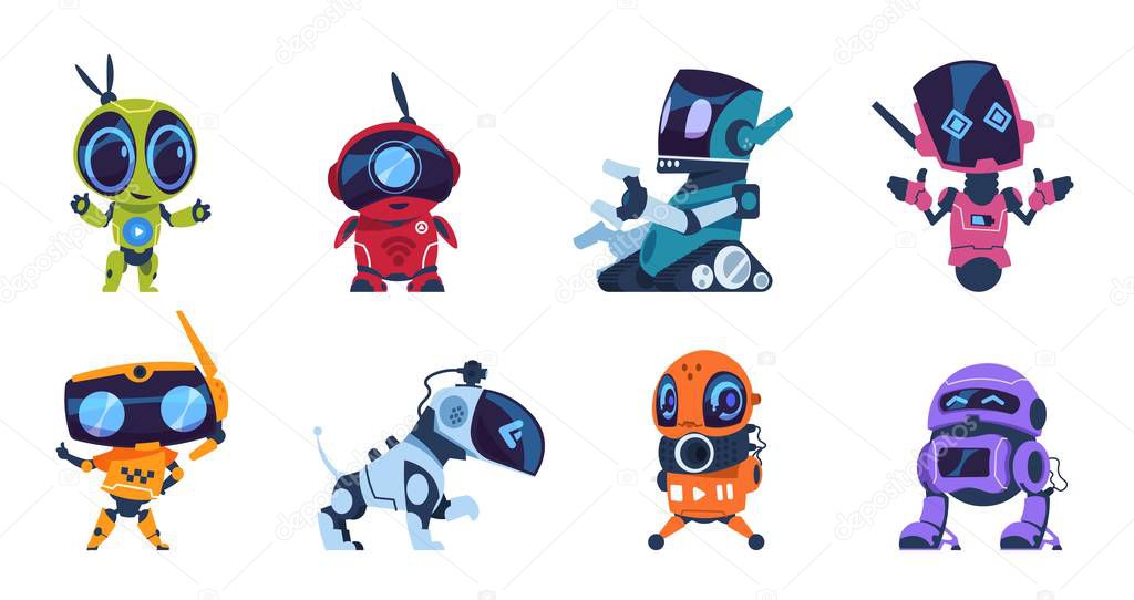 Futuristic robots. Cartoon modern AI characters of different types, set of personal assistants. Vector retro game design elements