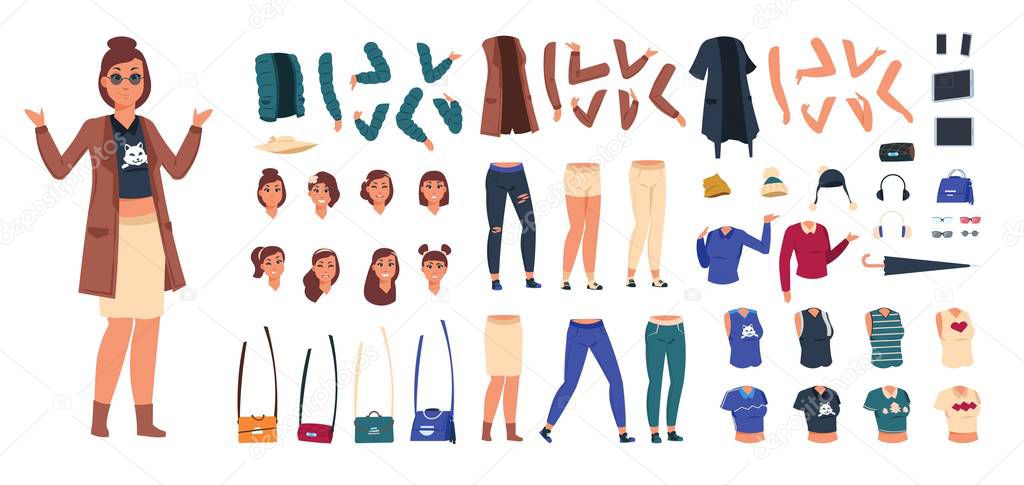 Cartoon character constructor. Woman in casual clothes animation set, young girl body elements and gestures. Vector flat kit