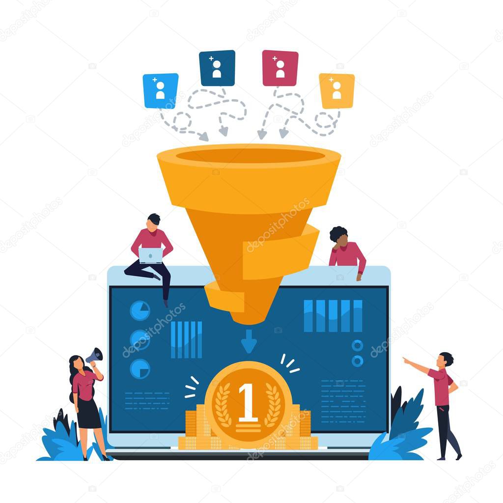 Funnel leads generation. Inbound marketing and attracting customers strategy, increasing conversion rate concept. Vector illustration