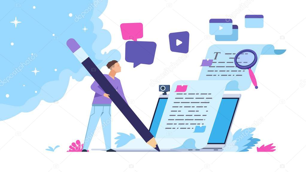 Content writer. Blog articles creation concept with people characters, freelance work business and marketing. Vector illustration