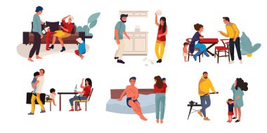 Aile çatışması. Aile üyeleri, ebeveynler ve evde çocuklar arasında mücadele Trendy karikatür sahneleri. Vektör ilişkisi problemleri
