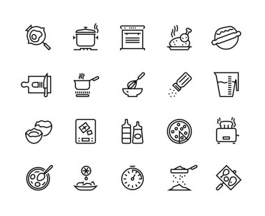 Pişirme hattı simgeleri. Tavada tencere mutfak gereçleri ve pişirme işlemleri, kaynayan kızartma karıştırma ve kesme. Vektör gıda hazırlama seti