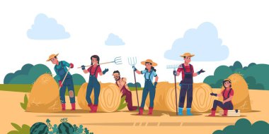 Tarımsal çalışma konsepti. Karikatür çiftçi karakterler alanlarda çalışan, hasat ve kırpma. Vektör organik eko gıda arka plan