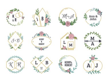 Düğün logoları. Çiçek boho monograms ve minimalist elemanları ile düğün davetiye kartları için çerçeveler. Vektör çiçek seti