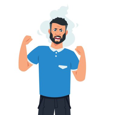Karikatür kızgın adam. Negatif stresli yüz ifadesi ile Düz mutsuz erkek karakter. Vektör sinirli adam